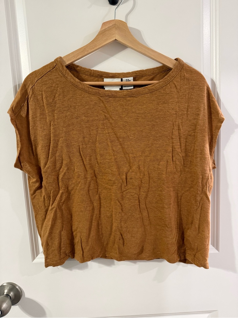 Rachel Zoe 100% Linen Relaxed Short-Sleeve Boxy Crop Top in Rust Medium